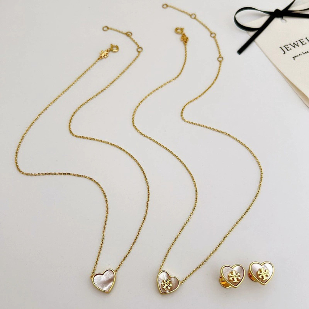 Tory Burch Heart MOP Necklace Clavicle Chain Earrings